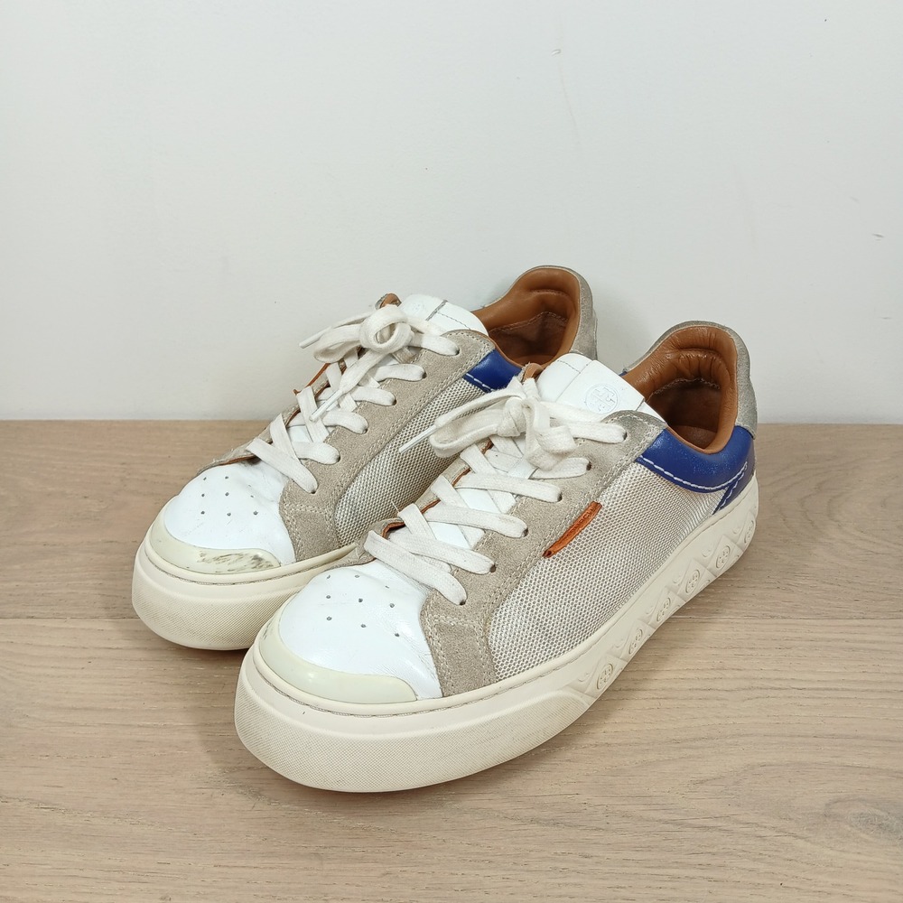 Tory Burch Ladybug Sneaker Women 10 Cream Blue Leather Suede Mesh Platform